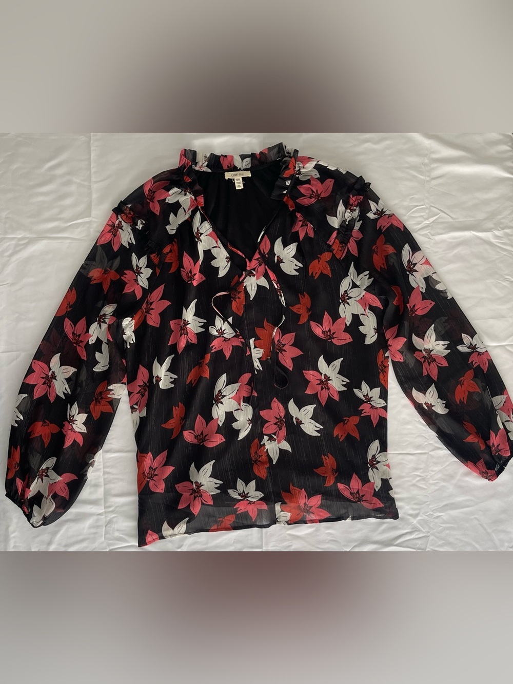 Sheer Black Floral Tie-Neck Blouse with Pink Red & White Blooms